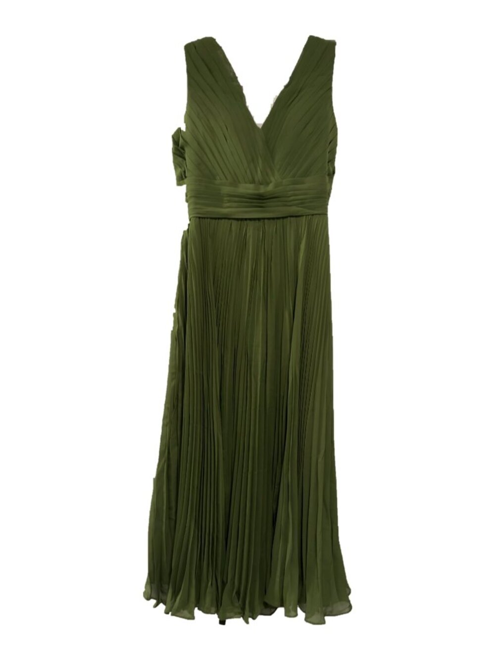 NWT ieonoa Olive Green Chiffon Pleated V-Neck Maxi Dress Size 10